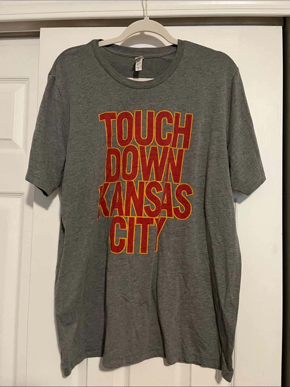LAST CHANCE KC Chiefs football Grey T‑Shirt with Red and Gold 'TOUCH DOWN KANSAS